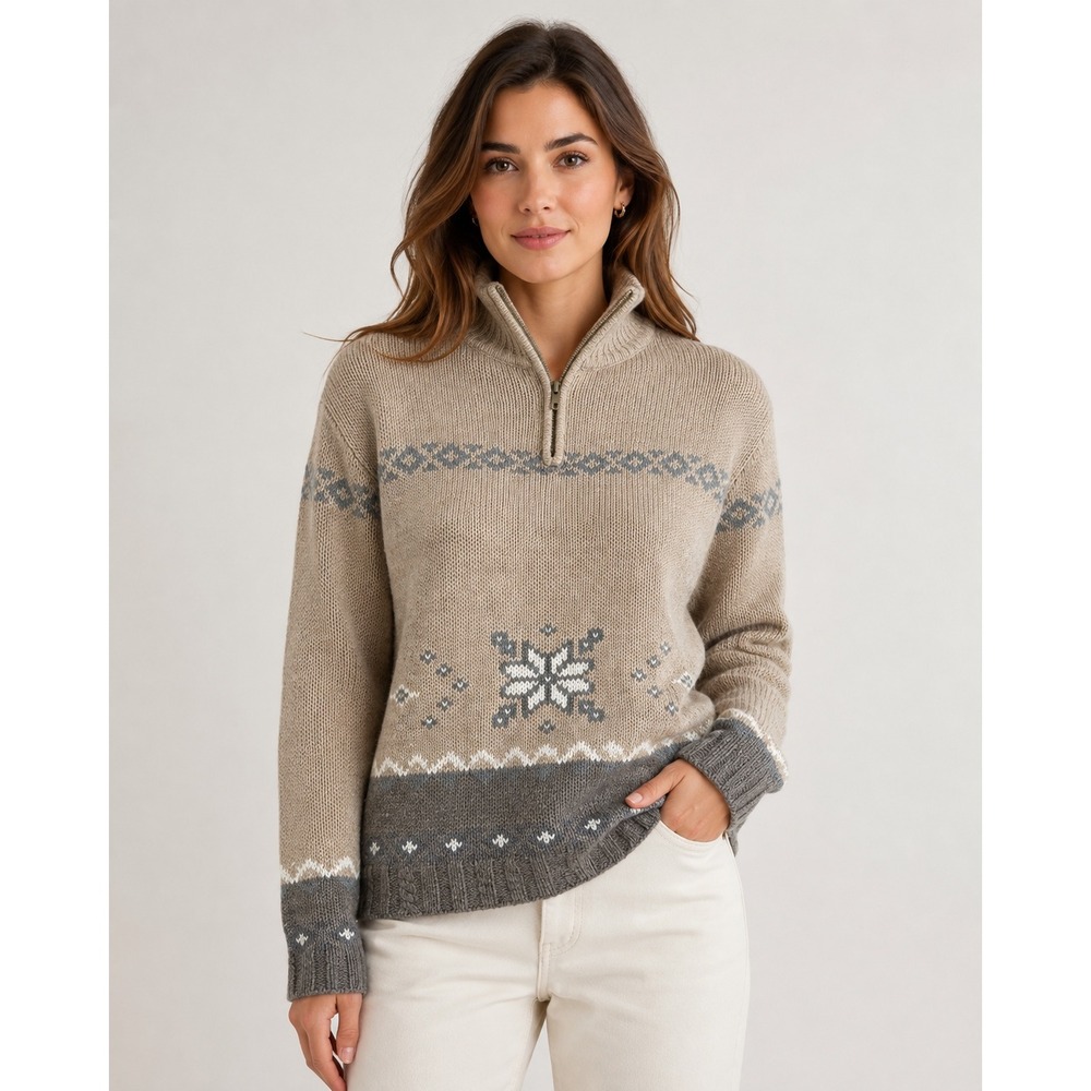 High Sierra Quarter Zip Sweater Womens L Beige Fair Isle Ramie Wool Pullover
